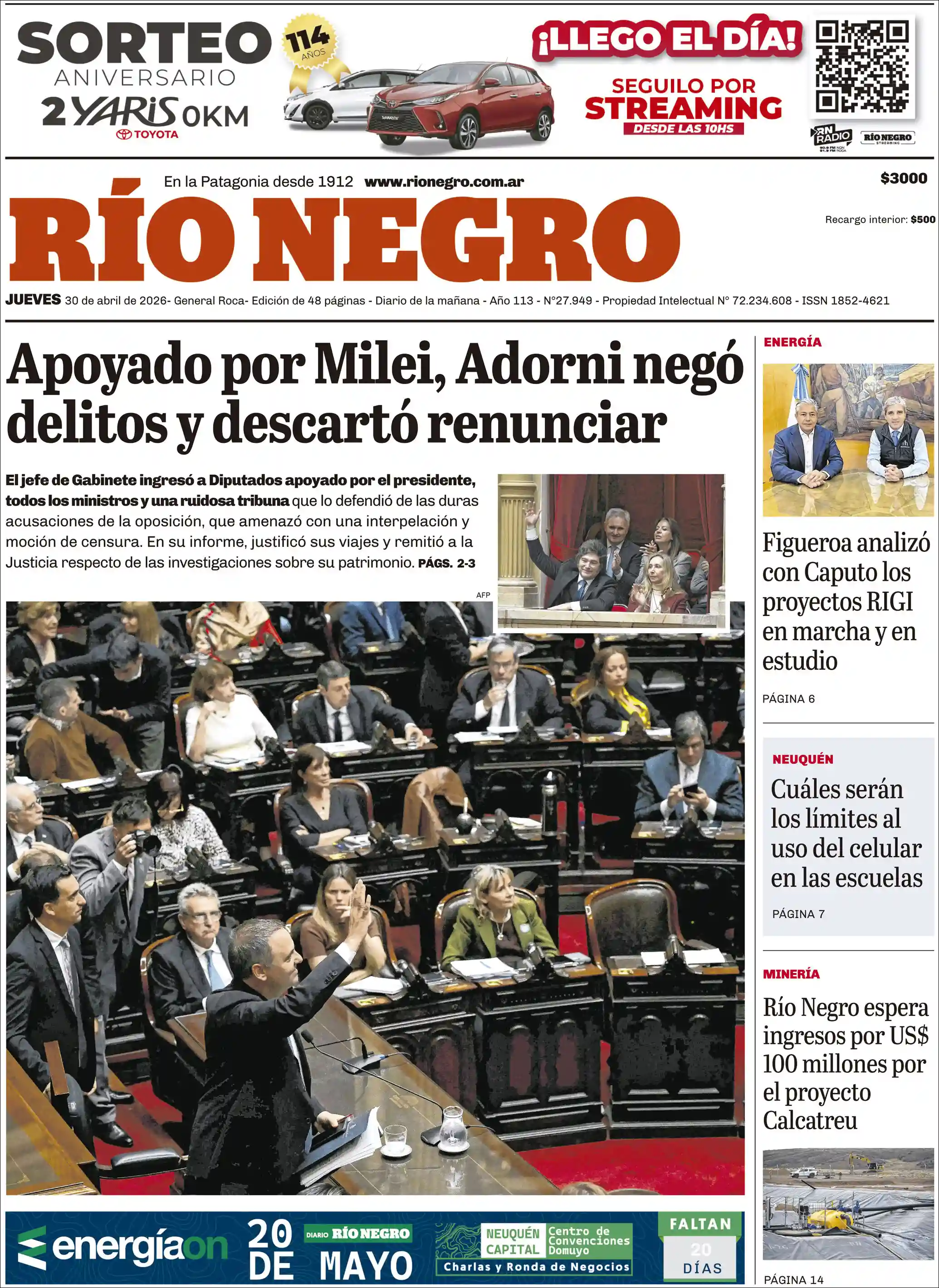 Evolucion Streaming | FM PUPULAR CUENCA - Tapa del diario Rio Negro